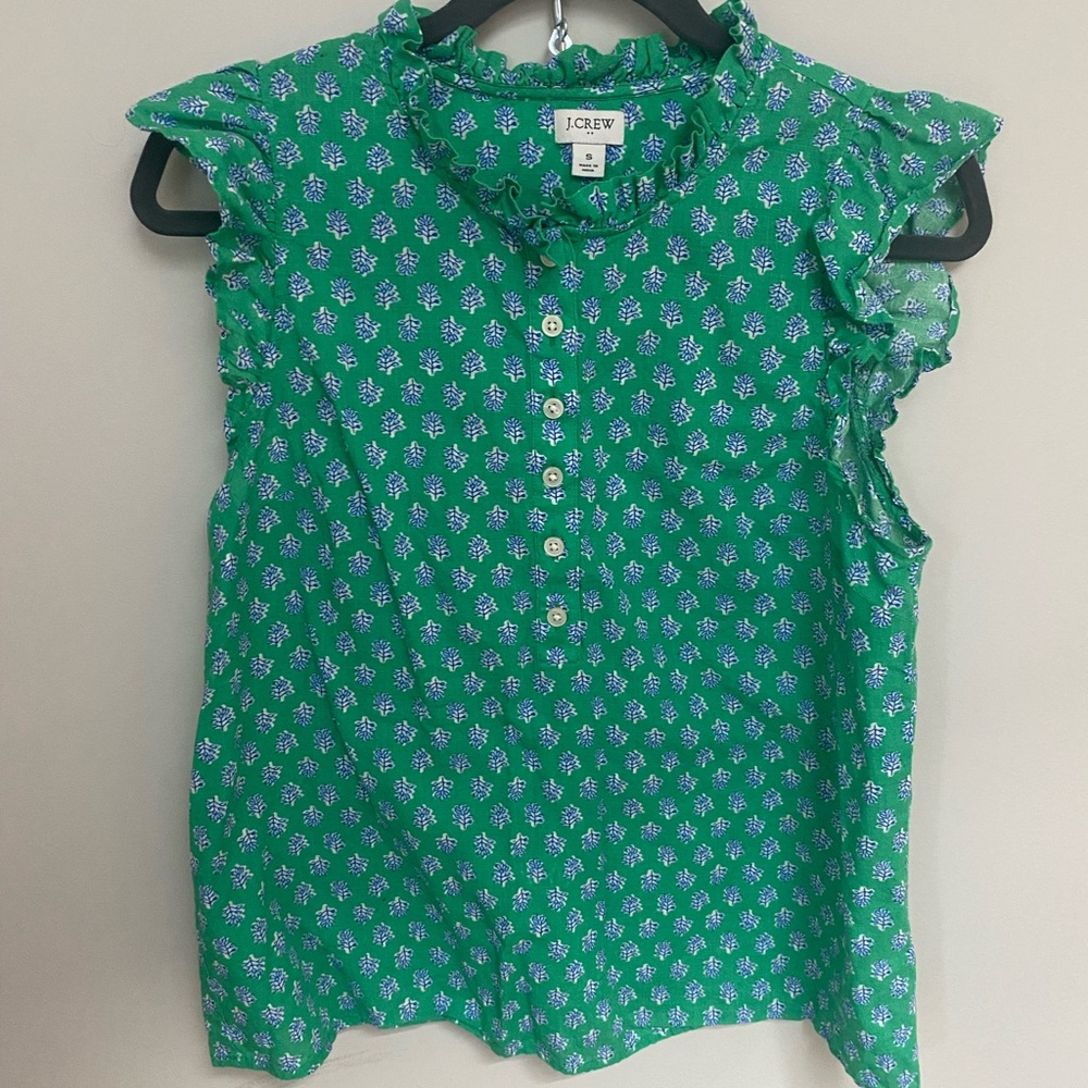 J. Crew Green and Blue Leaf Print Top
